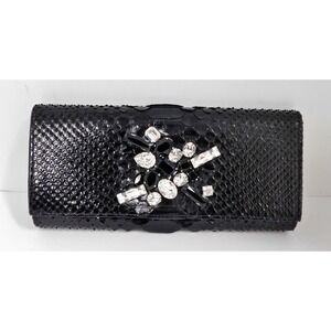 Ted Rossi New York Black Snake Skin Leather‎ & Rhinestones Clutch